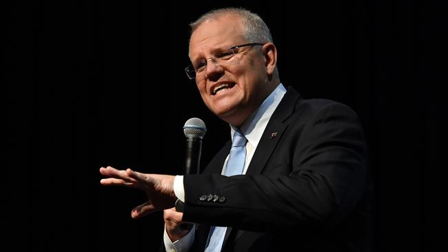 Prime Minister Scott Morrison at a campaign rally at Sydney Olympic Park yesterday. Picture: AAP