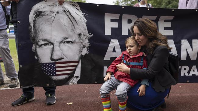 Stella and son Max Assange join protesters outside Belmarsh Prison. Picture: Getty Images