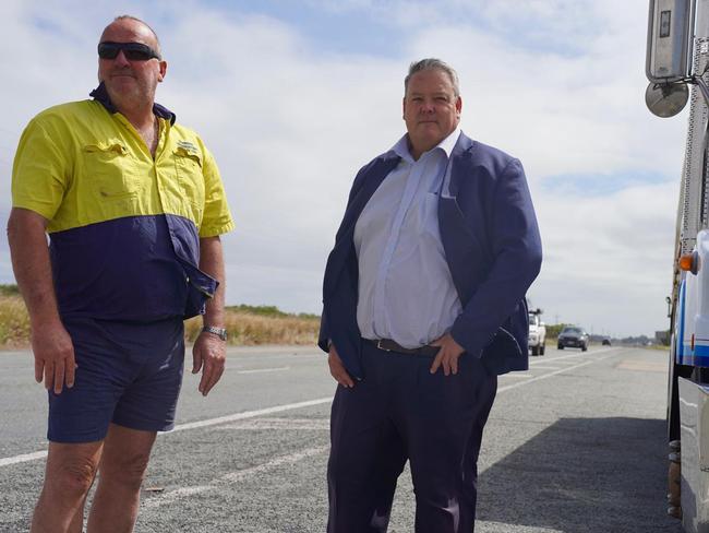 Dawson MP Andrew Willcox has launched a campaign calling for the return of 80:20 federal and state government funding for Bruce Highway road projects. He was joined at the campaign launch by transport business owner John Warren (left) who is concerned for the safety of his drivers and the costs from the damage the highway does to his trucks. âI spend in excess of $40,000 per month in fuel tax and $12,000 per truck in road registration," Mr Warren said. "We have to have roadworthy trucks, how about some truck-worthy roads.â Picture: Contributed