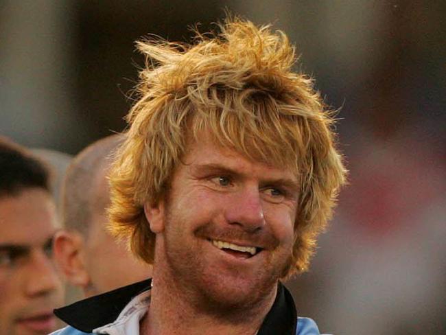 07 May 2006 Lance Thompson (C) celebrates victory following Cronulla Sharks vs St (Saint) George-Illawarra NRL game at Toyota Park. f/l smiling finger pointing sport rugby league