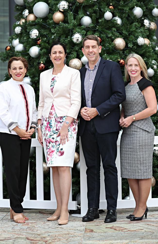 Premier Annastacia Palaszczuk (second from left) with new Treasurer Jackie Trad, State Development, Infrastructure, Planning and Manufacturing Minister Cameron Dick and Tourism Industry Development, Innovation and Commonwealth Games Minister Kate Jones. Picture: Annette Dew