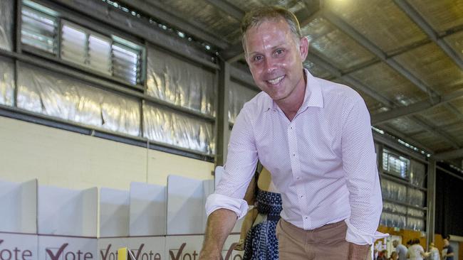 Queensland Election day. Labor candidate for Bonney, Rowan Holzberger, at the Arundel State School voting booth. Picture: Jerad Williams