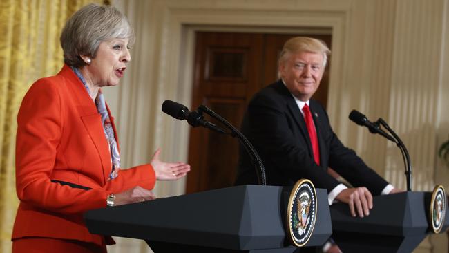 President Donald Trump listens as British Prime Minister Theresa May speaks during a news conference in the East Room of the White House. Picture: AP Photo/Evan Vucci