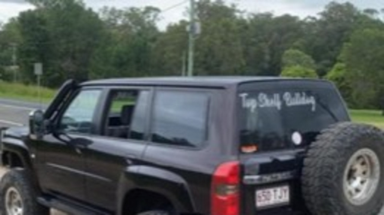 Mitchell Bloye left the Tamaree property in a 2005 Nissan Patrol, QLD registration 650TJY, with a distinctive “Top Shelf Bulldogs” decal on the rear windshield. Photo: Police Media.