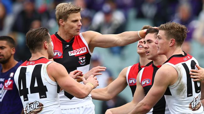 Nick Riewoldt got the better of Fremantle’s Griffin Logue at Subiaco on Sunday. Picture: Getty Images