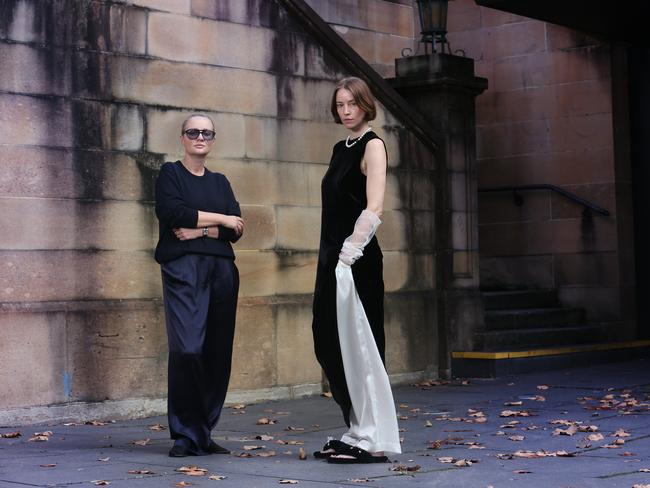 09/05/2025. Fashion designer Marina Afonina with model Gemma Hamilton wearing black velvet dress with silk pants, UGG art express collaboration with pearls, and freshwater pearl necklace, from her forthcoming show at Australian Fashion Week. Britta Campion / The Australian