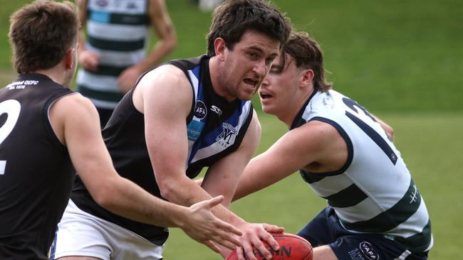 VAFA: Liam Riley looks for options for Mazenod. Photo: Hamish Blair