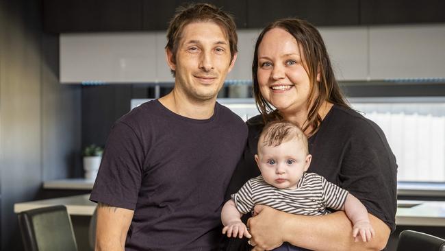 A list of 45 Melbourne suburbs have proven that home prices really do double every 10 years. The Scuruchi family from Frankston North are selling their house after property prices doubled. Reno and Hayley are joined by their 4 month old son Jayden. Picture: Jake Nowakowski