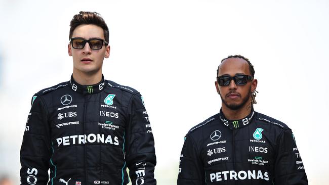 George Russell insists he and teammate Lewis Hamilton have no hard feelings. Picture: Mark Thompson/Getty Images