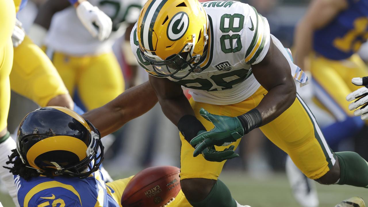 Ty Montgomery fumbles the ball late against the LA Rams. Green Bay traded Montgomery today. (AP Photo/Marcio Jose Sanchez)