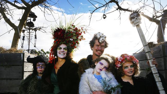 Huon Valley Mid Winter Feast - final day. The best dressed competition in the main tent was won by the Whelan / Thomson family (L-R) Spike Whelan, Rebecca Thomson, Sunny Whelan, Paul Whelan, Coco Whelan all of Hobart. PICTURE: MATT THOMPSON