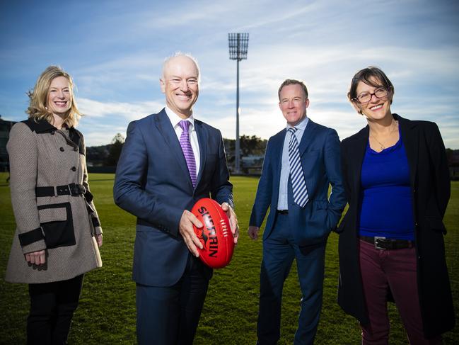 From left, Labor leader Rebecca White, AFL Project team leader Brett Godfrey, Premier Will Hodgman and and Greens leader Cassy O’Connor. Picture: RICHARD JUPE