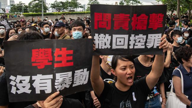 Protesters march in Hong Kong in a rally against a now suspended extradition law. Picture: Getty Images