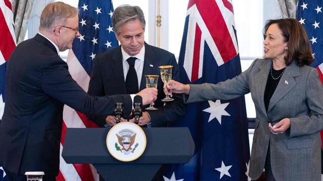 Anthony Albanese with US Vice-President Kamala Harris and Secretary of State Antony Blinken during a State Department lunch in Washington last year. Picture: AFP