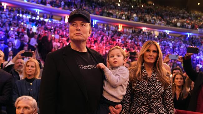 Elon Musk and former first lady Melania Trump listen as Republican presidential nominee former President Donald Trump speaks at a campaign rally at Madison Square Garden, Sunday, Oct. 27. Picture: AP Photo/Alex Brandon