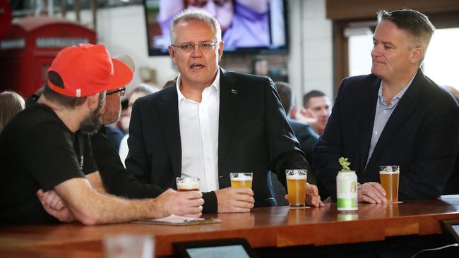 Treasurer Scott Morrison and Minister for Finance Senator Mathias Cormann visit Capital Brewing Co in Canberra. Picture: Kym Smith