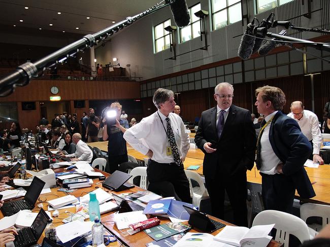 Treasurer Scott Morrison speaks with members of the media in the budget lock-up. Picture: Getty Images