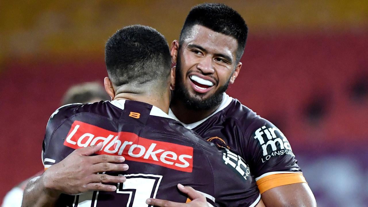 David Fifita (left) and Payne Haas of the Broncos at Suncorp Stadium.