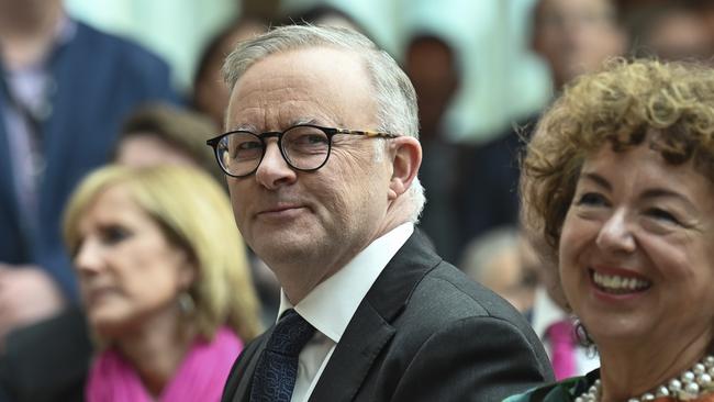 Prime Minister Anthony Albanese at the unveiling of the official portrait of former prime minister Kevin Rudd at Parliament House.