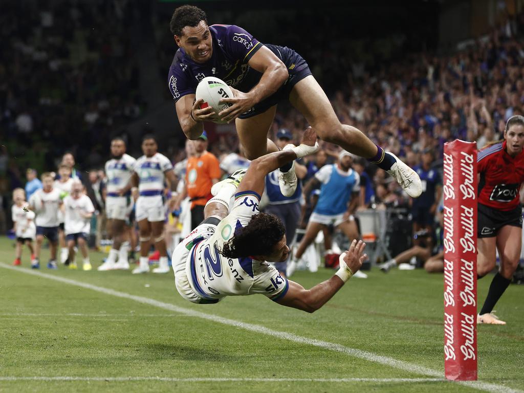 Xavier Coates scored the match-winning try for The Storm during the intense round two NRL clash between Melbourne Storm and New Zealand Warriors at AAMI Park. His crucial play sealed the victory, sending the fans into a frenzy. Picture: Getty