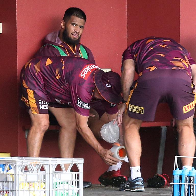 Trainers attend to Payne Haas. Picture: Richard Gosling