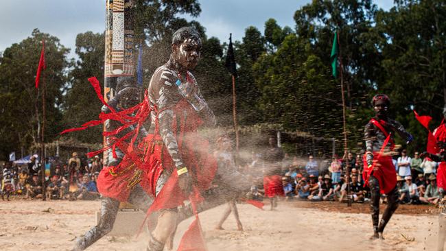 Numbulwar red flag dance at day one of Garma Festival on Friday August 2023. Picture: Pema Tamang Pakhrin