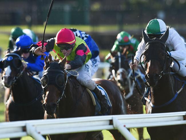Duke Of Brunswick (red cap) gets his best chance to jump back in the winner’s enclosure. Picture: Getty Images