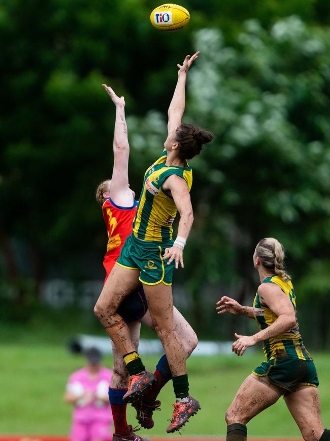 PINT ruck Jasmyn Hewett leaps for possession during her team’s big 117-point win over Tracy Village in Round 15. Picture: Che Chorley