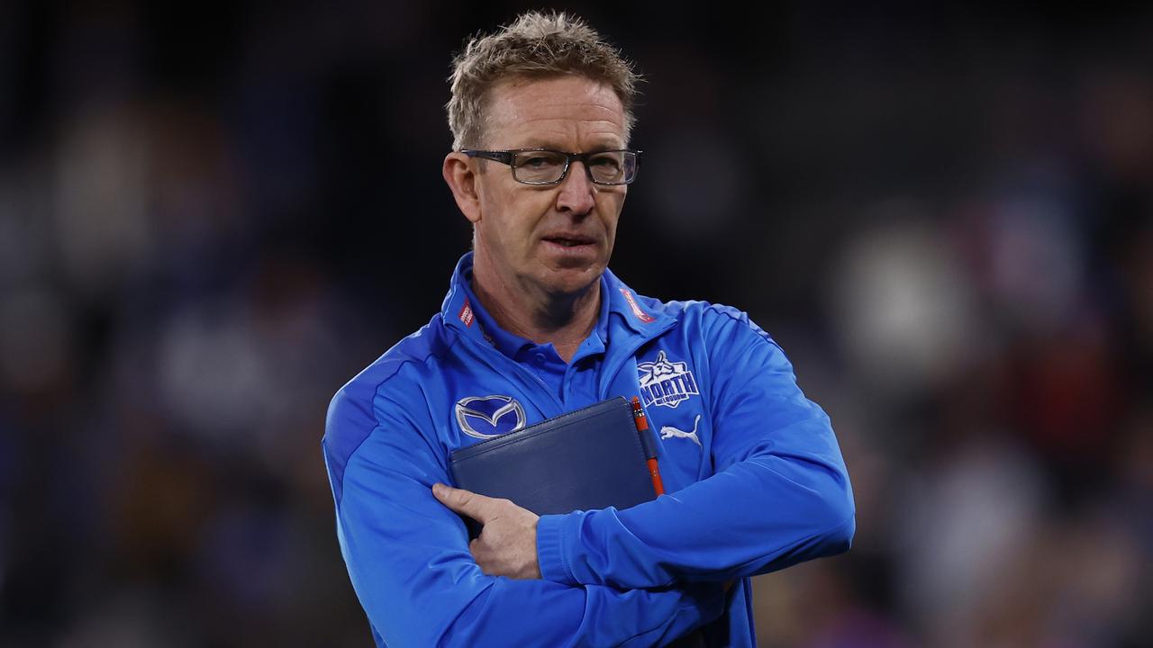 MELBOURNE, AUSTRALIA - JUNE 12: David Noble, Senior coach of the Kangaroos looks on after the round 13 AFL match between the North Melbourne Kangaroos and the Greater Western Sydney Giants at Marvel Stadium on June 12, 2022 in Melbourne, Australia. (Photo by Darrian Traynor/Getty Images)