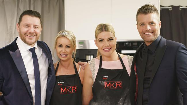 MKR judges Manu and Pete flank Emma and Jess in the kitchen. Picture: Channel 7