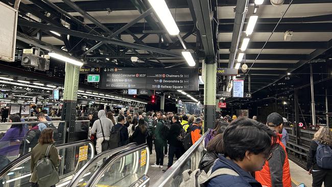 Large crowds of commuters at Central Station waiting for a train after peak hour trains were thrown into chaos after a woman fell onto the tracks at Punchbowl Station.