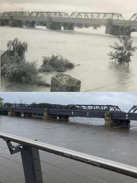 Victoria Bridge over the flooded Nepean River viewed from the Penrith side in November 1961 and then in March 2021. Picture: Penrith City Council, Facebook/Phil Harvey