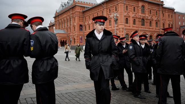 Russian military cadets wait for an excursion at Manezhnaya Square just outside the Kremlin in Moscow. Picture: AFP