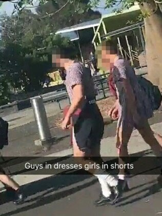 Boys wearing dresses at Bentleigh Secondary College muck-up day. Picture: Supplied/Snapchat