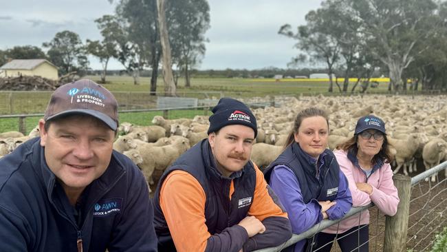 Wimmera AWN agent Wayne Driscoll pictured with farmers Jack, Sarah and Lynette Pole, Jilpanger in 2024. Picture: Kate Dowler