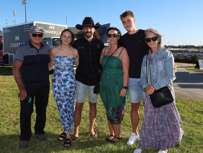 MELBOURNE, AUSTRALIA - MARCH 15 2024 David Locke, Keisher Jacobs, Jayden Bryan, Danielle Bryan, Ashton Reid and Jenny Locke attend the 2024 Pakenham Cup Picture: Brendan Beckett