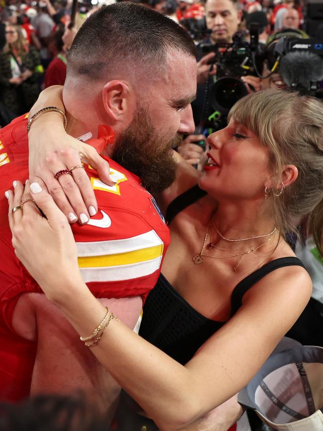 Swift and Kelce celebrate. (Photo by Ezra Shaw/Getty Images)