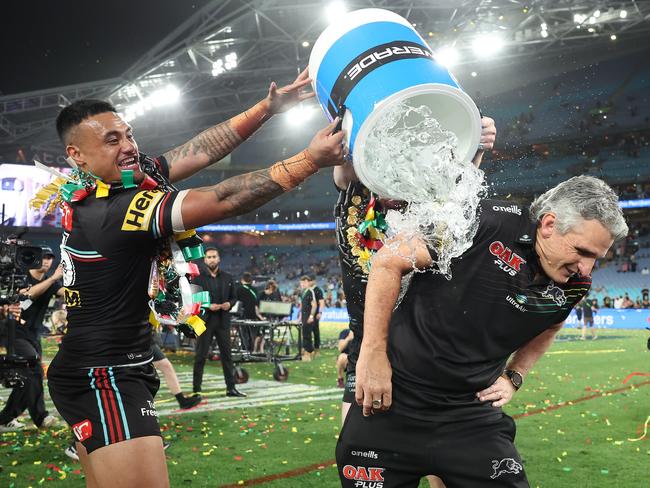 Panthers coach Ivan Cleary has an ice bucket poured over him by Spencer Leniu after the 2023 grand final. Photo by Matt King/Getty Images