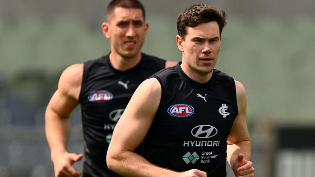 Jacob Weitering and Mitch McGovern at Carlton training.