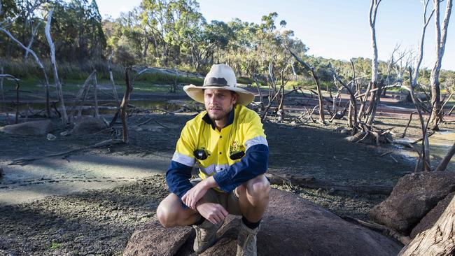 Farmer Tim Carnell, managing director of Kirra Pines Farming, on the dry banks of the Severn River in 2019. Picture: Natalie Grono