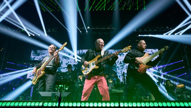 Hans Zimmer playing bass with two fellow bassists while touring North America in 2024. Picture: Suzanne Teresa