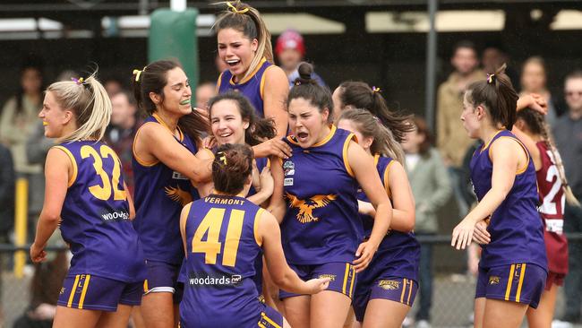 Vermont celebrates a goal late in the final quarter of last year’s grand final win over Mount Evelyn    Picture: Hamish Blair