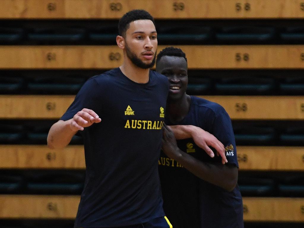 Ben Simmons during Australian Boomers squad training session in 2019. New Boomers coach Brian Goorjian wants Simmons to play at next year’s Olympics. Picture: AAP Image/James Ross.