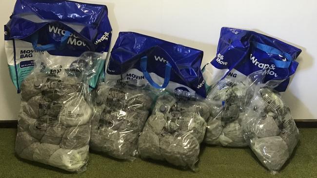 Forty plastic bags of cannabis seized at the home of a South Australina man in June 2021. Picture: AFP