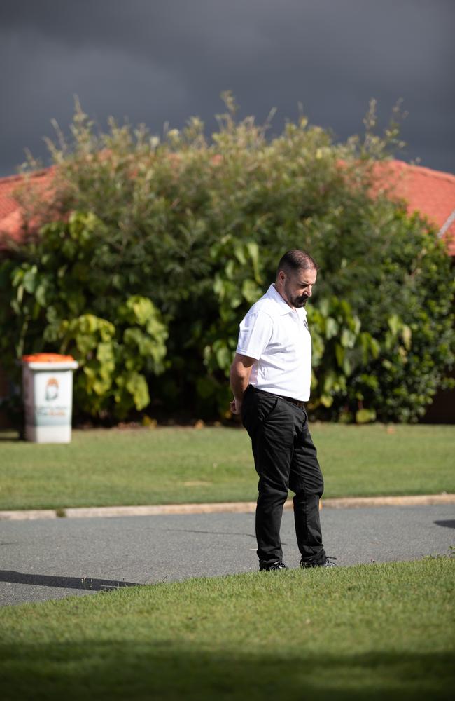 Michael Stewart on the lawn out the front of his Buddina home on the Sunshine Coast where his son, Balin, 16, died. Picture: David Kelly