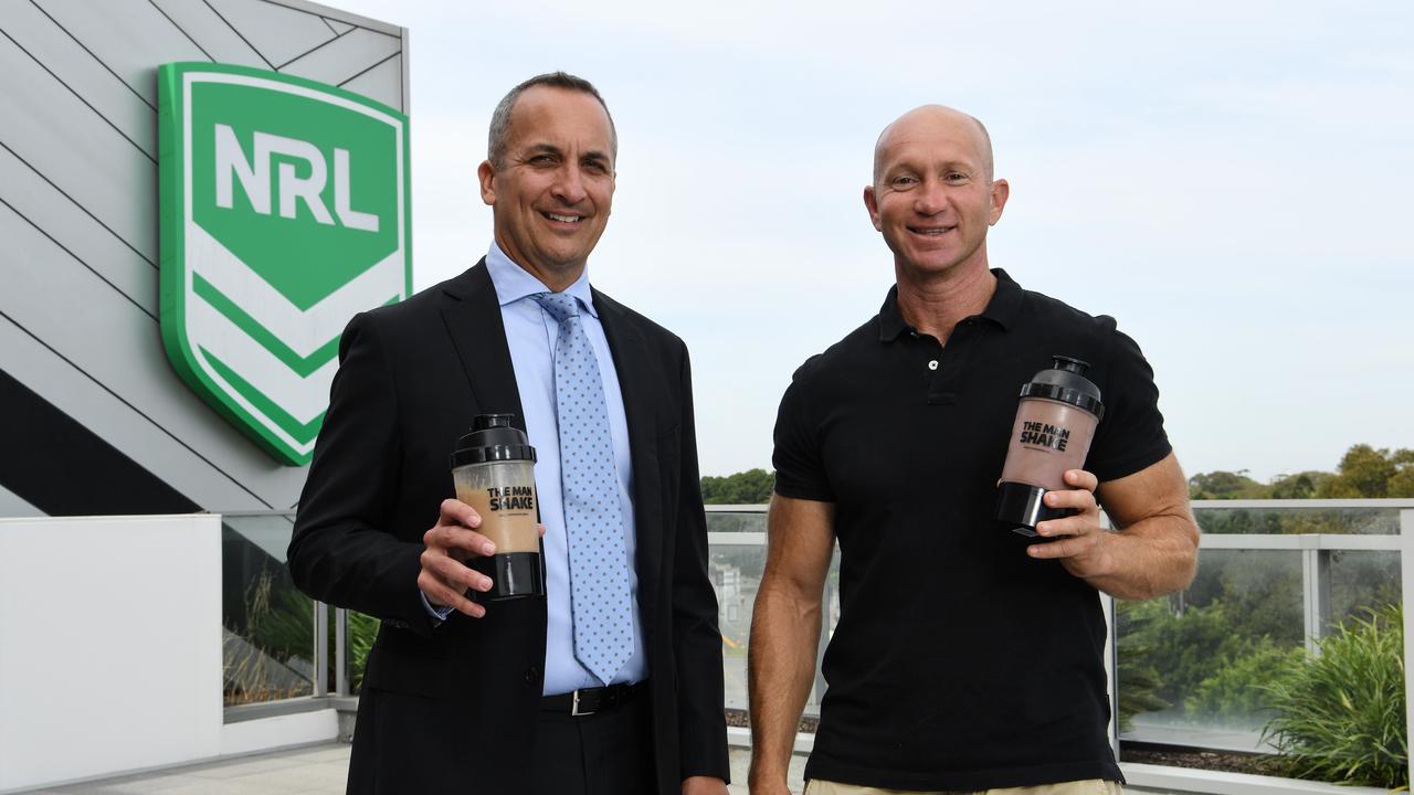 NRL chief Andrew Abdo and Adam MacDougall with the Man Shake product.