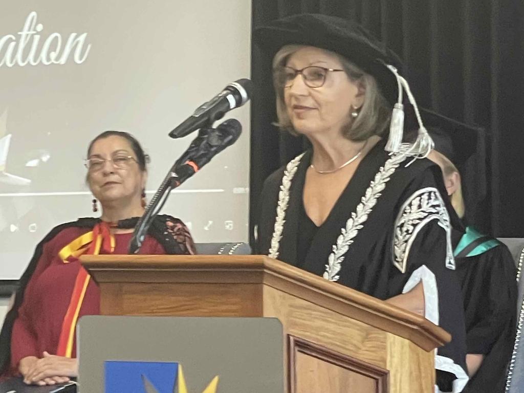 Vice-Chancellor Helen Bartlett speaks at the University of the Sunshine Coast graduation ceremony at the Beach House Hotel on October 12, 2023.