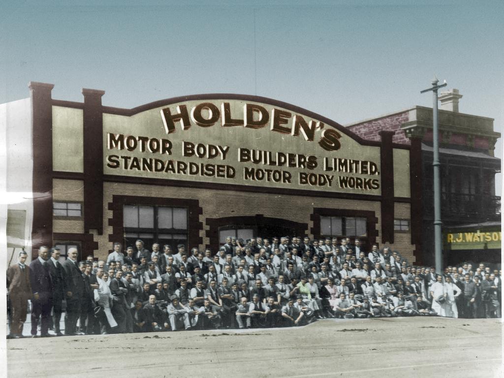 Staff posing at the front of the Holden’s Motor Body Builders premises at 400 King William Street, Adelaide. A researcher has suggested that this image was taken on September 13, 1919, and that the building was located on the the former premises of F.T. Hack  Co. Body Works, which was erected in 1913, purchased by Holden Motor Body Builders in 1917, and pulled down when Holden’s four-storey building was extended.