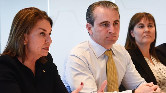 Australian Banking Association CEO Anna Bligh (left), Commonwealth Bank of Australia CEO Matt Comyn are seen during a meeting with Australian Federal Treasurer Josh Frydenberg in Sydney. Picture: AAP