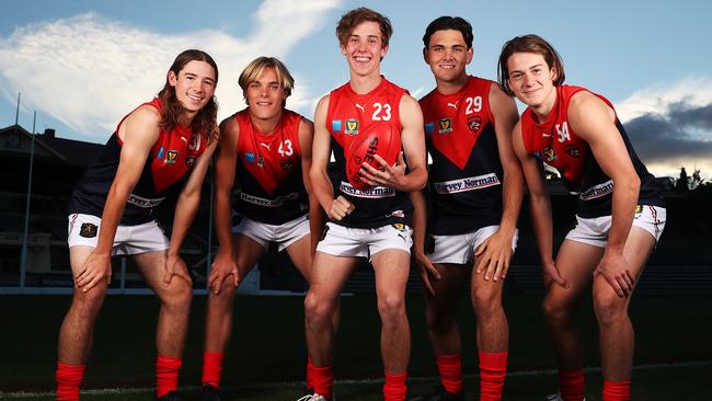 Connor Smith 19, Sam Banks-Smith 17, Lachlan Rowlands 17, Jack Colgrave 19, Bill Griggs 17 of the North Hobart Football Club. Picture: Nikki Davis-Jones